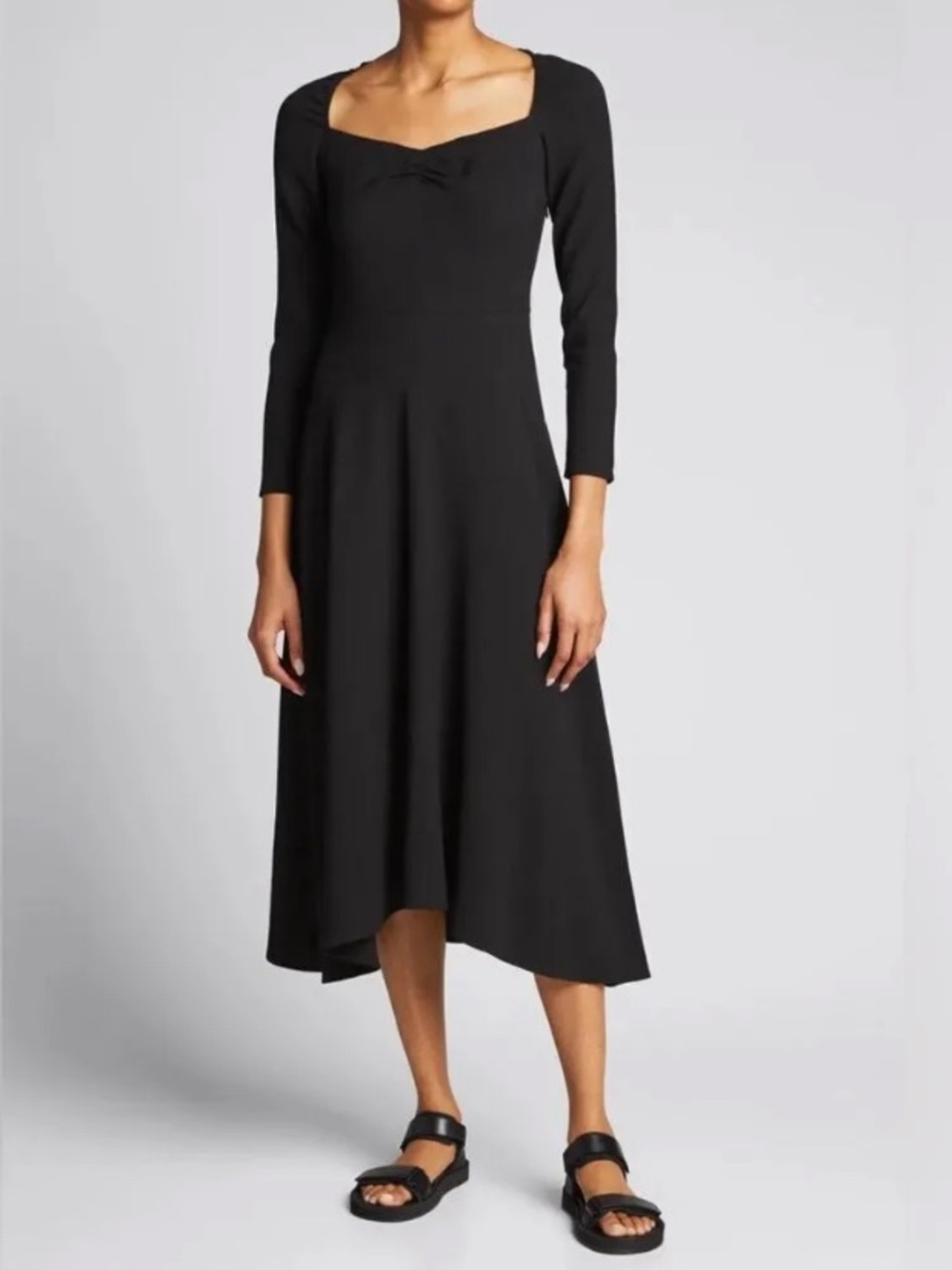 Vince Black Ruched Crepe Textured Midi Dress Sweetheart Neck Size 10